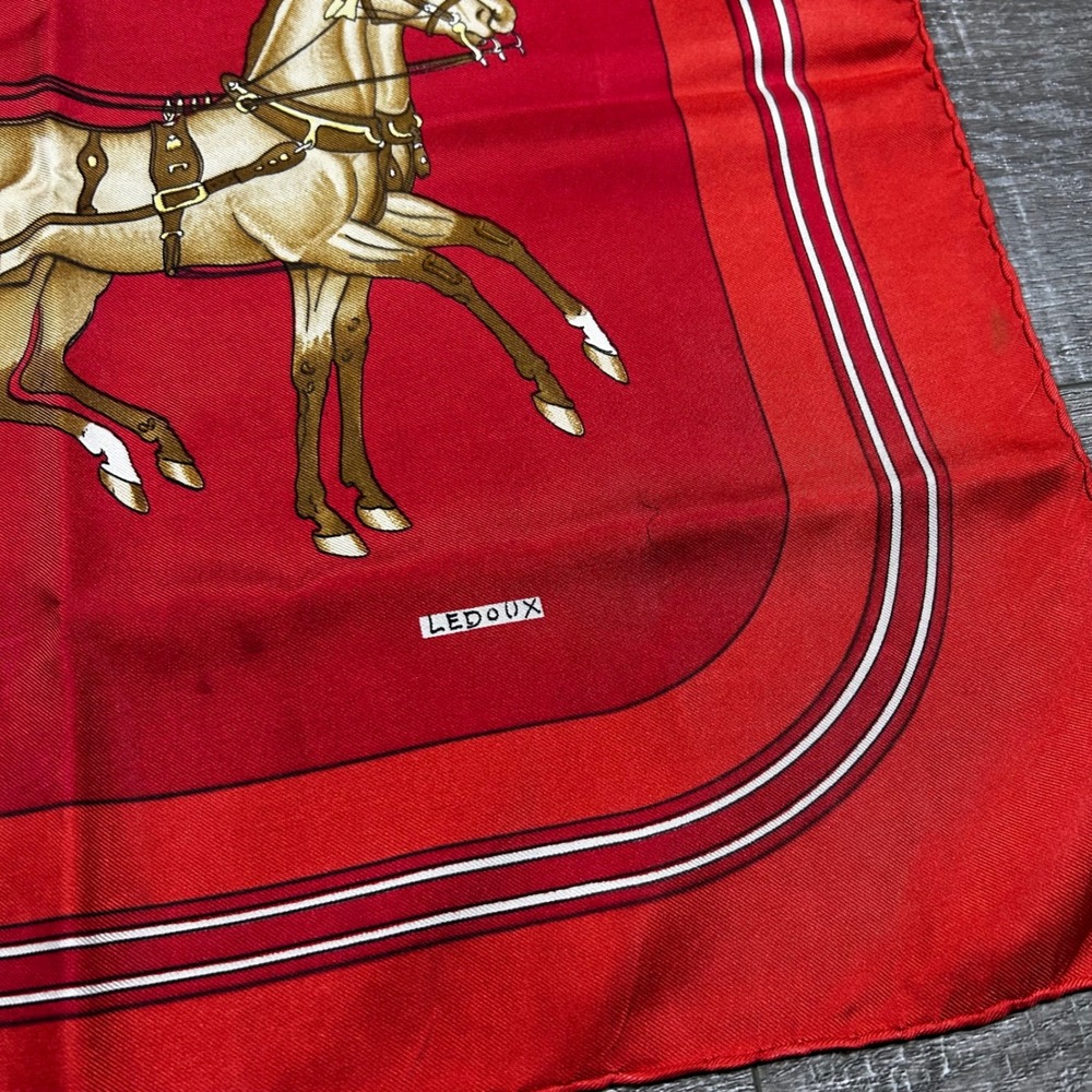 Hermes Paris Coach and Saddle Silk Scarf Red‎ Horse Carriage Designer Luxury - Picture 6 of 8